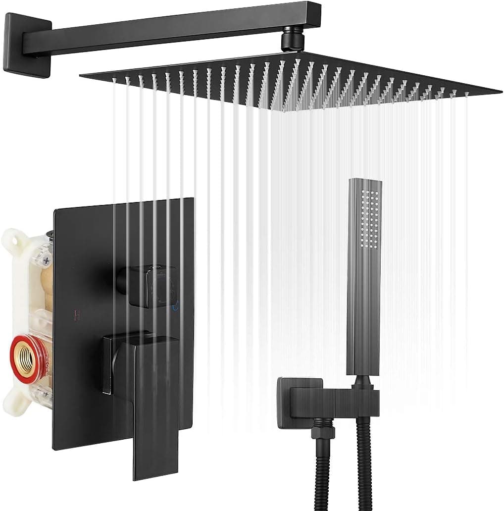 BATHLAVISH Black Shower System 12 Inch Rain Shower Head with Handheld Combo Set Square Luxury Bathroom Shower Faucet High Pressure Balancing Wall Mount Rough-in Valve Body and Trim Included