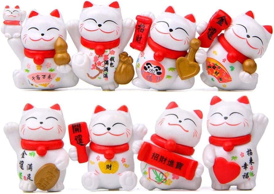 8 Pcs Cute Lucky Cat Figures, Animal Cat Characters Toys Mini Figure Collection Playset, Cat Toys Set Cake Toppers, Plant, Automobile Decoration, Landscape Scenes
