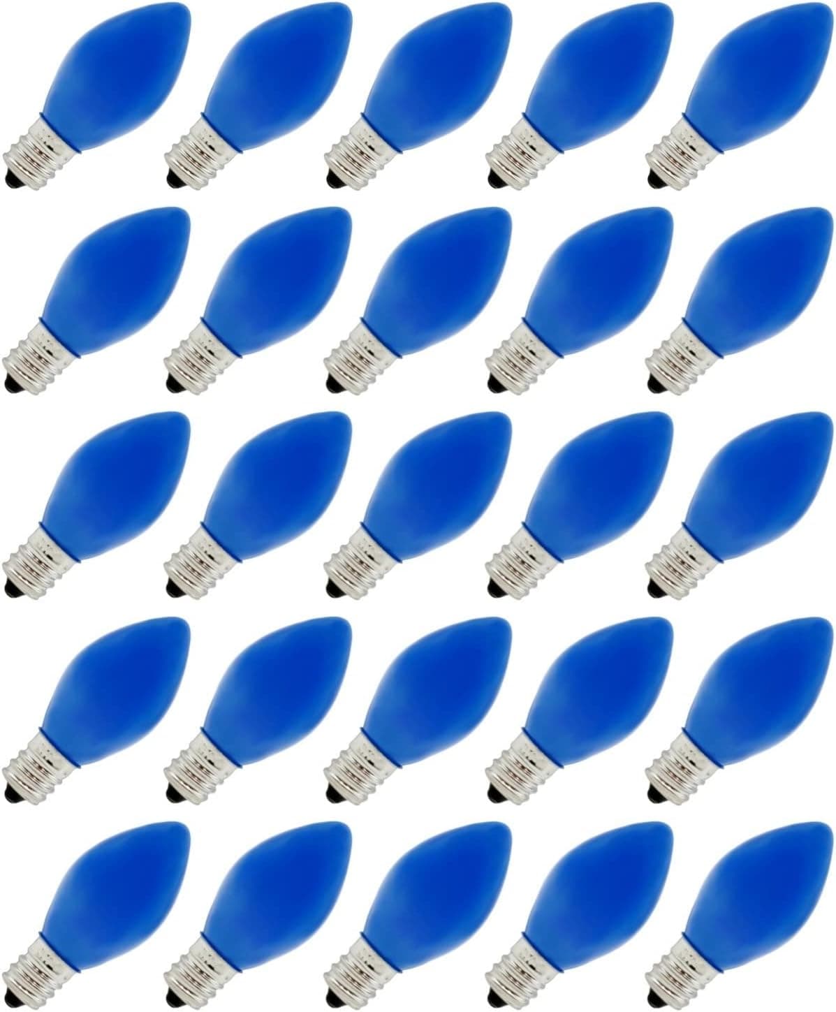 Box of 25 Light Bulbs -C7, Steady Burning - Opaque Blue - 7 Watt - Candelabra Base -Great for Night Lights, Decorative Lights and Christmas Strings