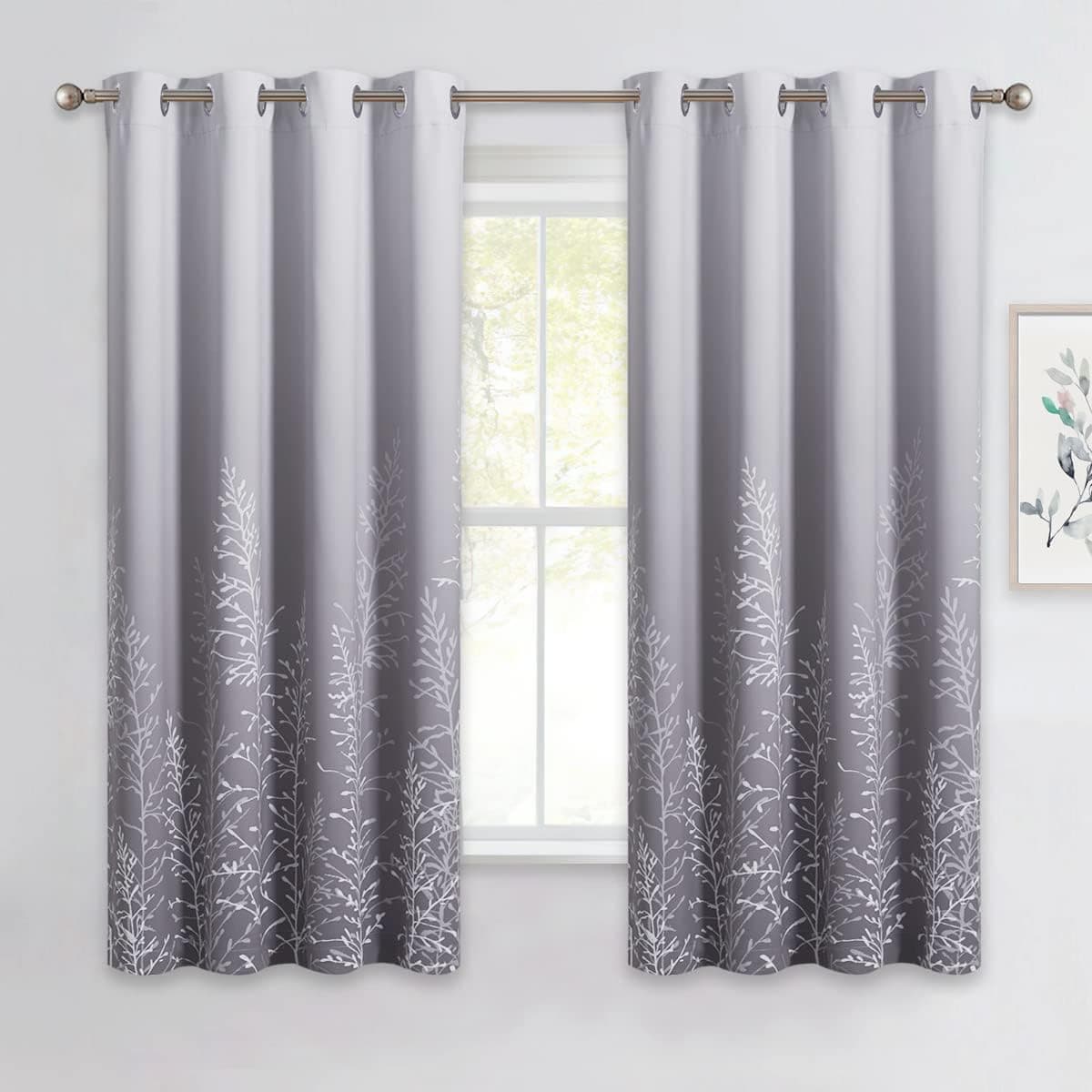 RYB HOME Bedroom Curtains Blackout - Ombre Grommet Curtains Light Block Thermal Insulated Drapes for Dining Botanical Tree Branch Pattern, White and Grey, W 52 x L 63 inches, 1 Pair