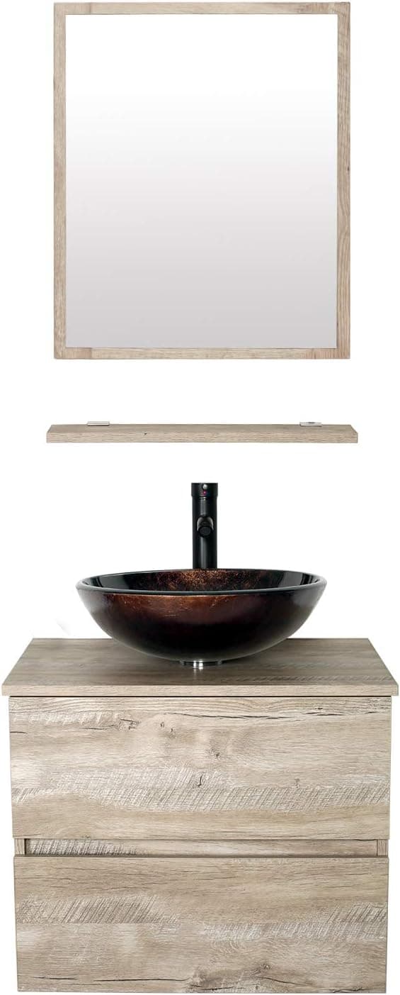 eclife 24” Bathroom Vanity Sink Combo Wall Mounted Natural Cabinet Two Drawers Vanity Set Brown Round Tempered Glass Vessel Sink Top, W/ORB Faucet, Pop Up Drain & Mirror (A09E02AK)