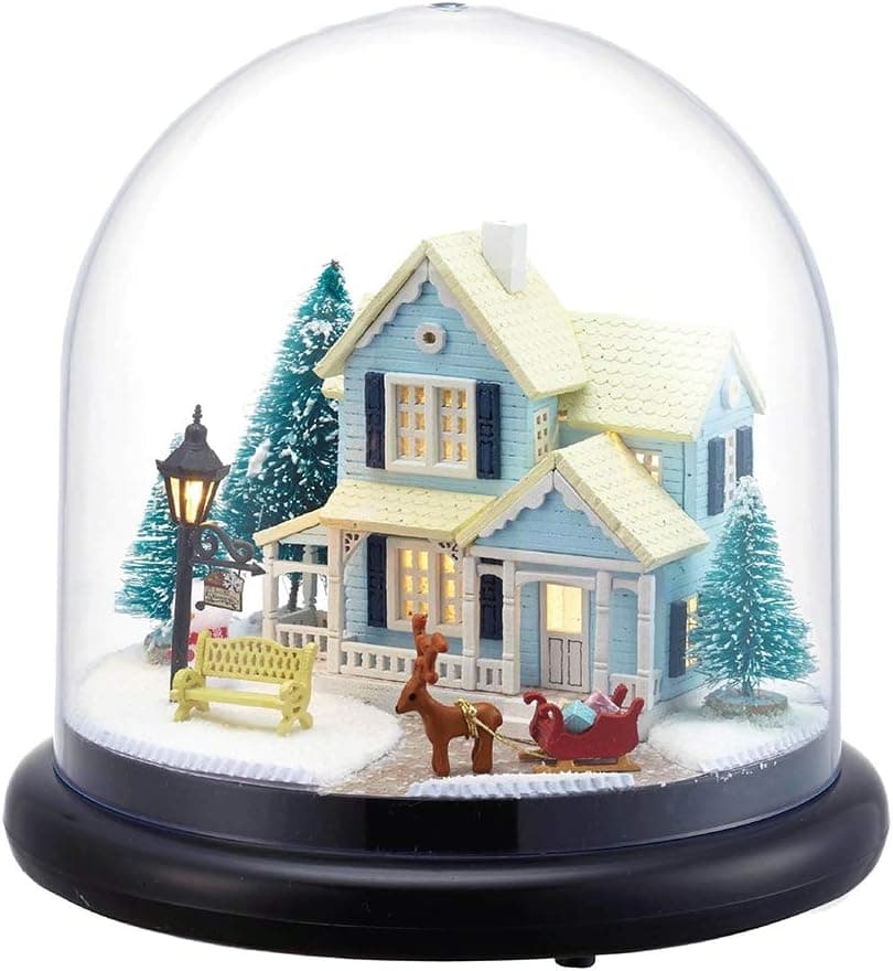 Dollhouse Miniature DIY House Kit, Wooden Snow House Glassball with Glass Cover, Creative Room Kit Reindeer Elk Figurine with Led Light Romantic Artwork for Kids Children Lover Gift Desktop Decor