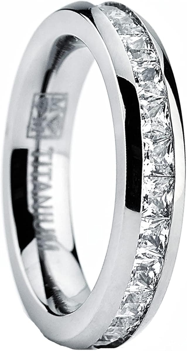 4MM High Polish Princess Cut Ladies Eternity Titanium Ring Wedding Band with CZ Sizes 4 to 11