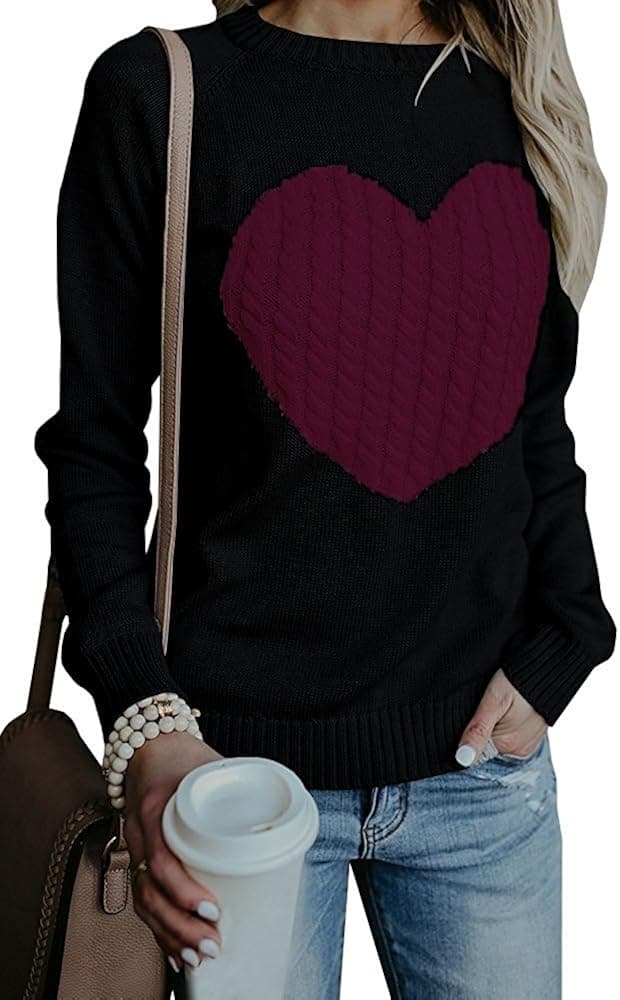 Farktop Womens Sweaters Pullover Cute Front Heart Crewneck Black Grey Knit Jumper Top for Juniors