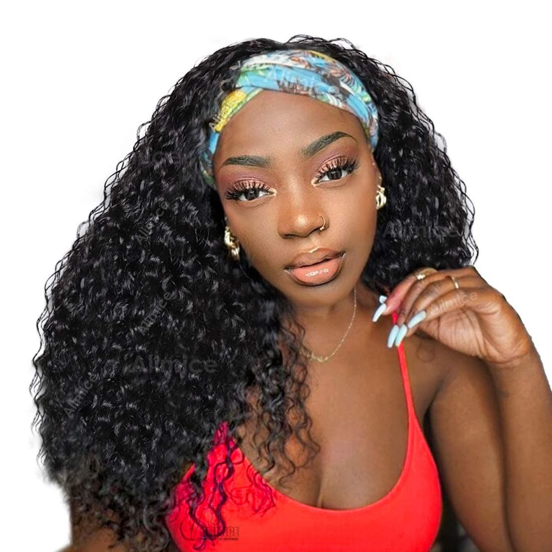 A ALIMICE Headband Wig deep wave wigs for black women human hair head band wig deep curly human hair wig 10A deep curly wigs headband wigs hair 220% Density (20 inch, deep wave)