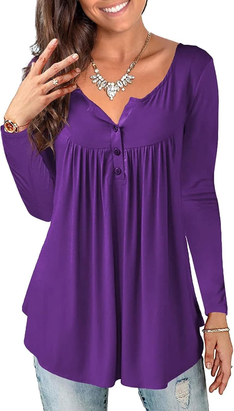 a.Jesdani Plus Size Tunic Tops Long Sleeve Casual Floral Printed Henley V Neck Shirts for Women