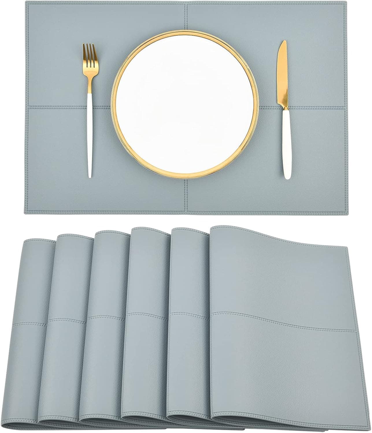 Punkspace Reversible Light Blue Faux Leather Placemats Set of 6 Non-Slip Table Mats Waterproof Wipeable Washable for Kitchen Dining Table