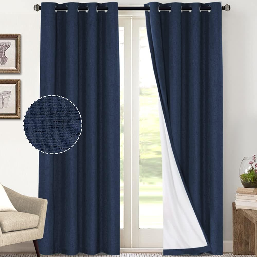 PrinceDeco Primitive Textured Linen 100% Blackout Curtains for Bedroom/Living Room Energy Saving Window Treatment Curtain Drapes, Burlap Fabric with White Thermal Insulated Liner (52 x 108 in, Navy)