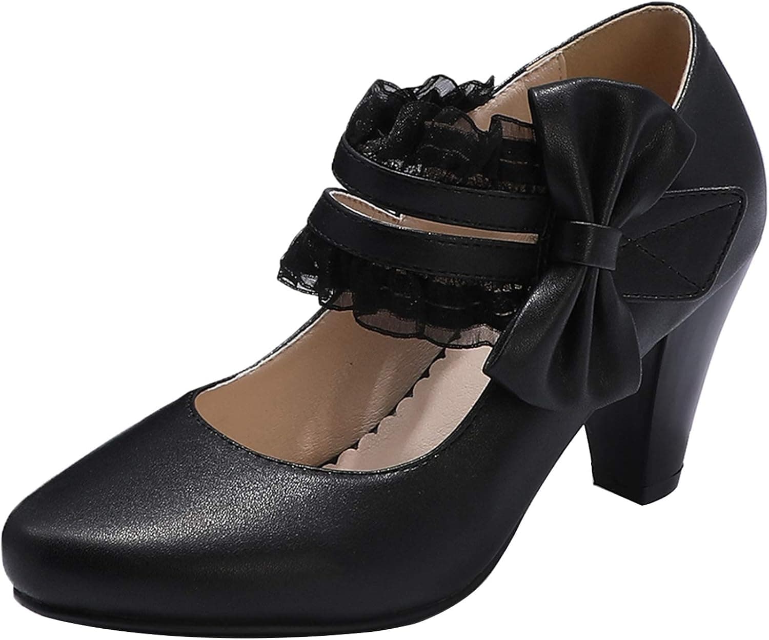 ErikenUrben Women Sweet Mary Jane Shoes Bow Lace Block Heels