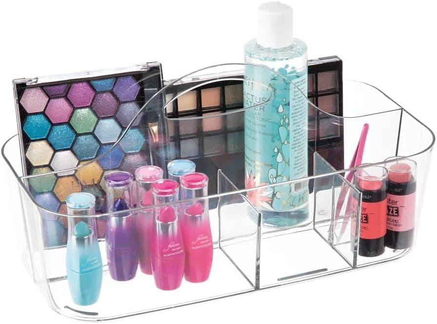 mDesign Plastic Cosmetic Storage Organizer Caddy Tote - Divided Basket Bin with Handle for Makeup Palettes, Nail Polish, Brushes, Beauty and Bath Essentials - Lumiere Collection - Clear