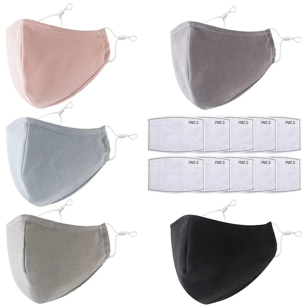 Dienalls 5Pcs Cloth Anti Fog Face Mask for Glasses Wearers with 10Pcs Filter Nose Wire for Women Men Black Pink Blue Grey Green