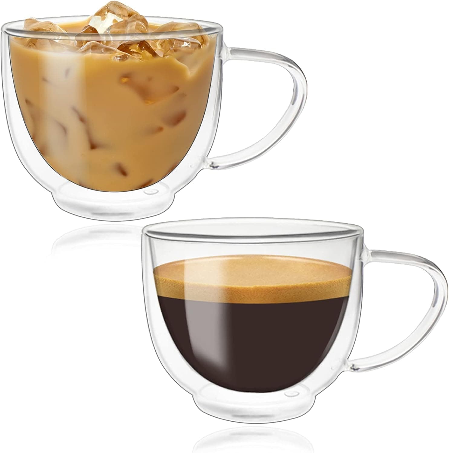 Double Walled Glass Coffee Mugs, Espresso Cups, Drinking Glasses for Coffee&Tea, Insulated Glass Mugs with Large Handle, Clear Mugs Each 7oz, Set of 2, Perfect for Espresso, Latte, Cappuccinos