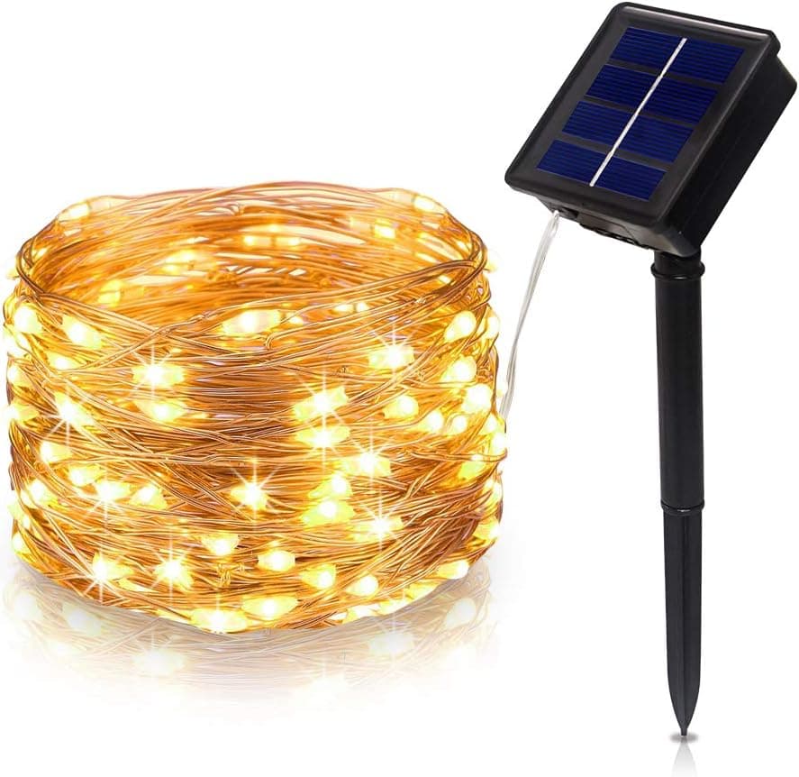 Tasodin Solar Powered LED String Lights, 32.8Ft/10M 100LEDs 8 Modes Solar Fairy Lighting, Waterproof Bright Warm White Color, Micro String Copper Wire Ultra Thin Rope Light