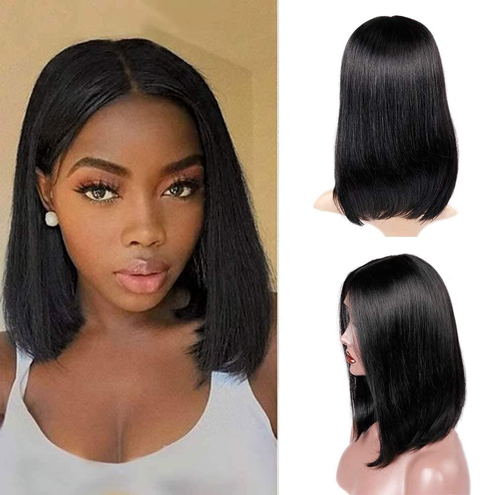 WIGNEE Lace Front Virgin Human Hair Bob Wig Middle Part Silky Straight Glueless Brazilian Human Hair Natural Black Wig (12 Inch)