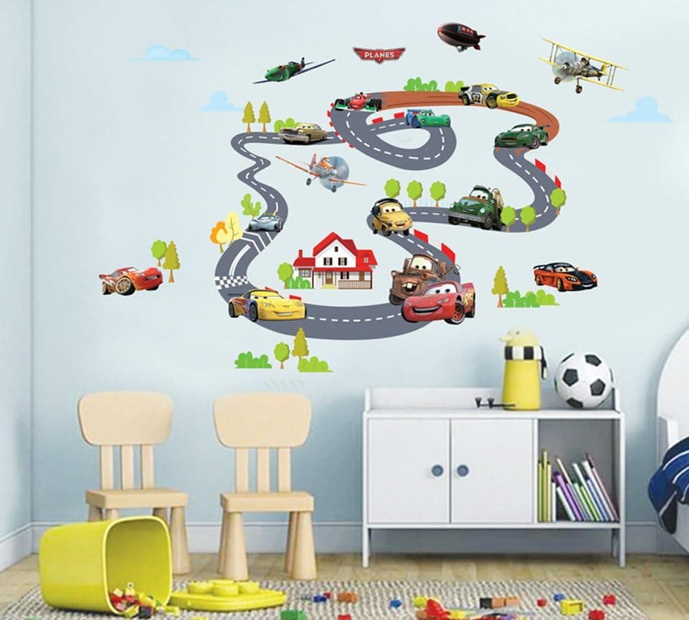 Fangeplus(TM) DIY Removable Pixar Cars on Runway Art Mural Vinyl Waterproof Wall Stickers Kids Room Decor Nursery Decal Sticker Wallpaper 55.1''x35.4''