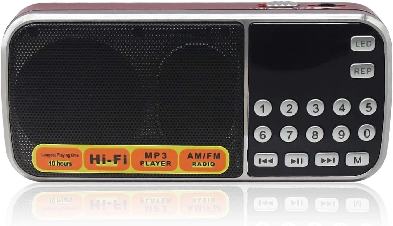 AM FM Radio Portable, Mini Digital Radio Speaker Music Player with Best Reception, Automatic/Manual Search, Radio with Micro SD/TF Card Slot, USB Rechargeable Battery, Red