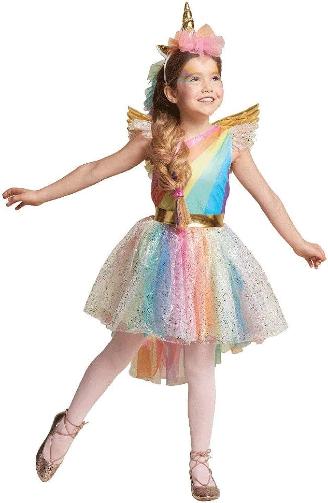 Girl's Rainbow Unicorn Costume with Wings & Headpiece, Medium (8-10)
