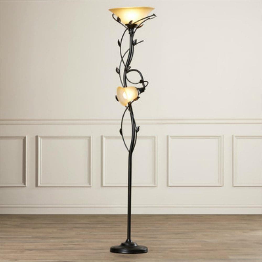 72-Inch Elegant 2 Lights Torchiere Floor Lamp with Amber Glass Shade and Leaf Pattern Stand, Oil Rubbed Bronze Finish