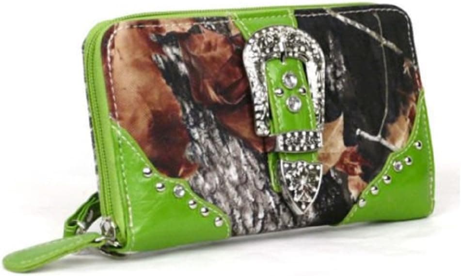 DH JP Camo Bling Rhinestone Belt Buckle Womens Western Zipper Wristlet Wallet (Green)