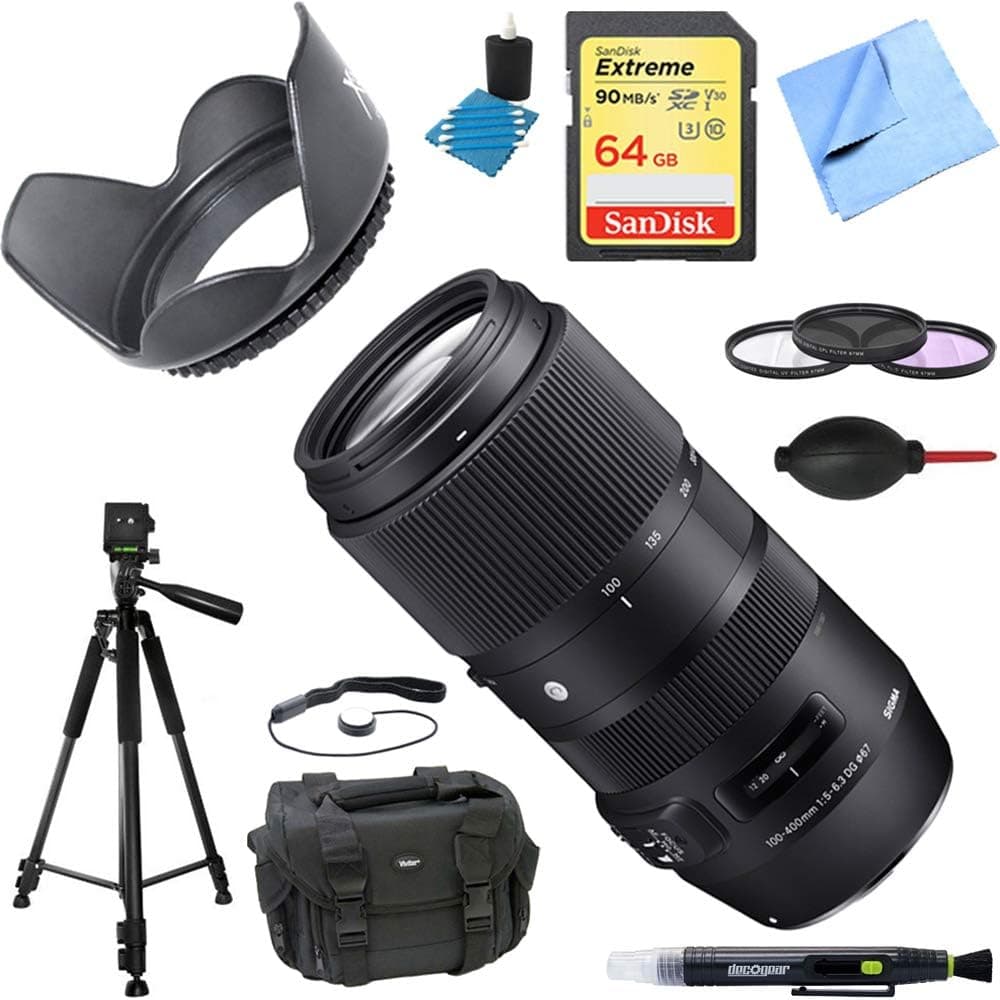 Sigma 100-400mm F5-6.3 DG OS HSM Contemporary Full Frame Telephoto Lens Canon Bundle with Camera Bag for DSLR, 64GB Memory Card, 60 Inch Camera/Video Tripod, 67mm Tulip Lens Hood and 67mm Filter Kit