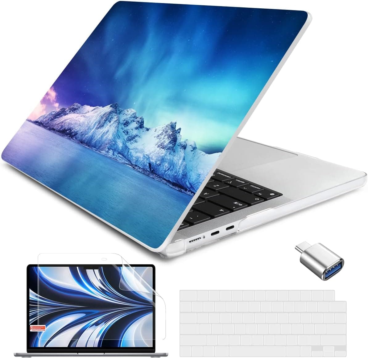 Batianda for M2 MacBook Air 13 inch Case 2022 Model A2681, Landscape Series Protective Hardshell Keyboard Cover & Screen Protector for New MacBook Air 13.6 inch with USB-C OTG Adapter, Aurora
