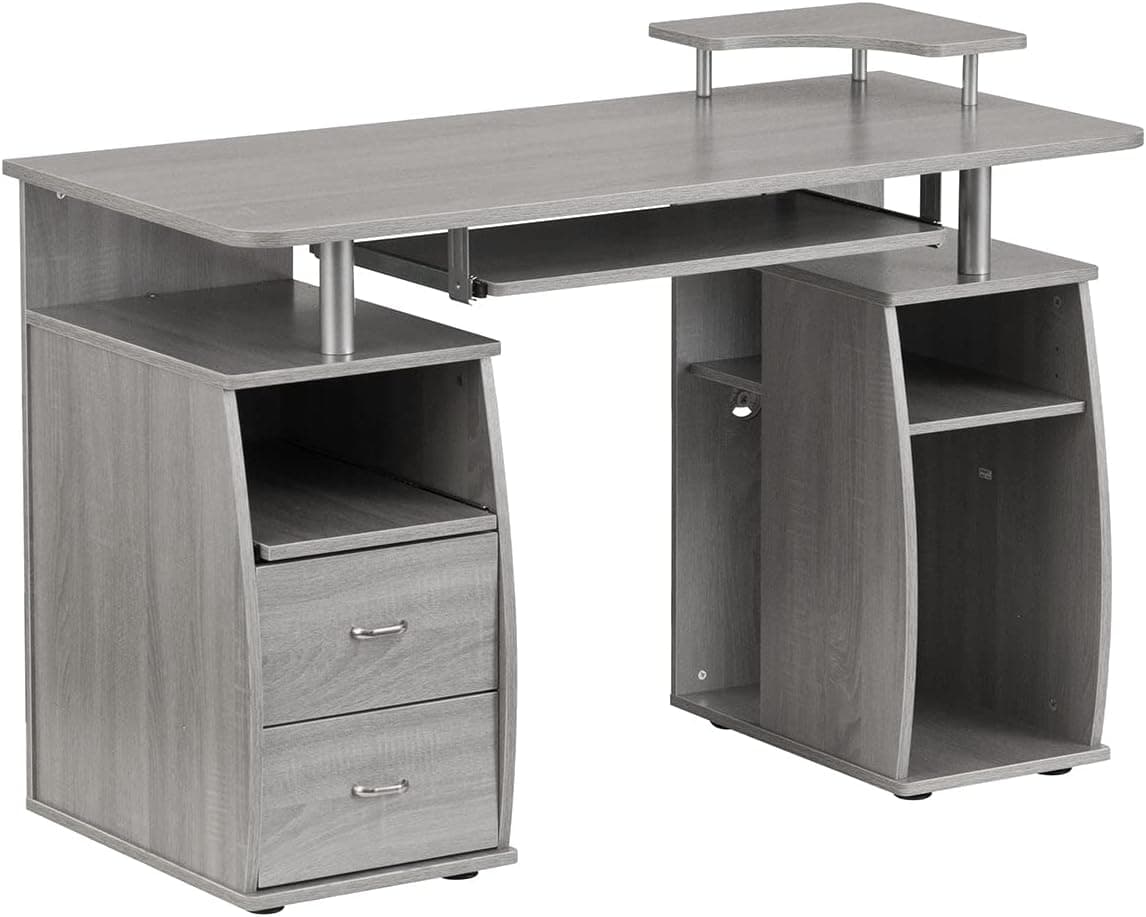 Techni Mobili Complete Computer Desk with Multiple Storage, Workstation Table with MDF Panels and PVC Laminate Veneer Surface, Grey