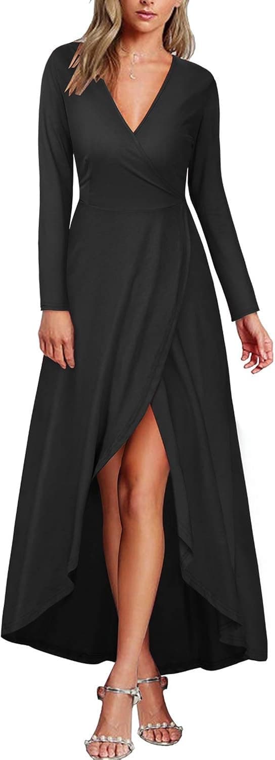 KILIG Womens V Neck Long Sleeve Asymmetrical Casual Maxi Dresses (Black-1, L)