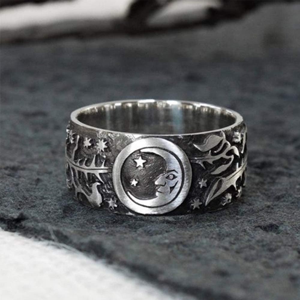ZHUPI 2 pcs Moon Star Sun Statement Ring Stainless Steel Boho Jewelry for Women Men(9)