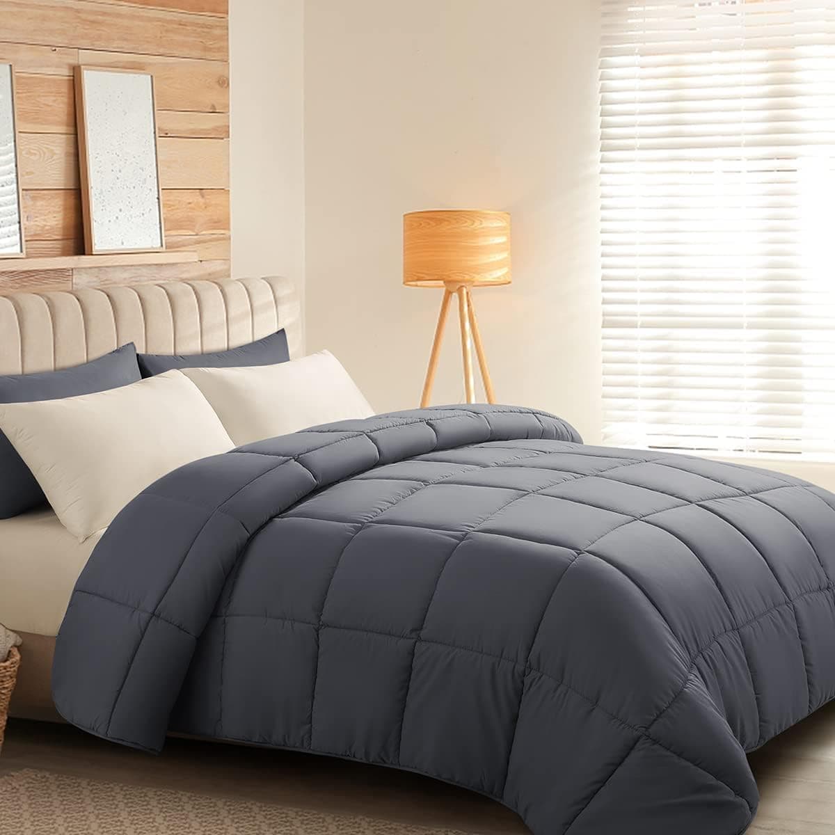Shilucheng Bedding Down Alternative Comforter King Size,All Season Reversible Lightweight Quilted Duvet Insert with Corner Tabs (Dark Grey, King)
