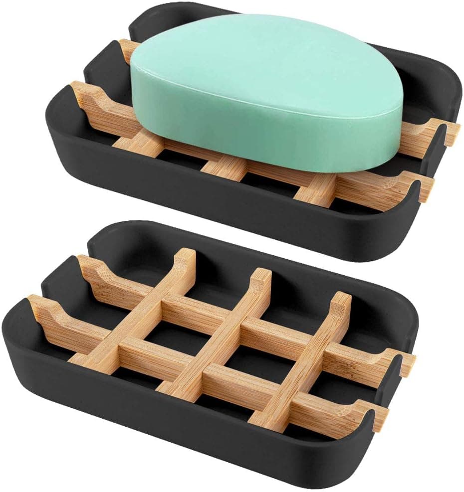 LOUTAN Soap Dish, Bamboo Fiber Soap Tray,Hand Made Natural Wooden Soap Holder for Bathroom, Kitchen,Countertop, Keep Soap Bars Dry Clean.Newest Model.(2 Pack Black)…