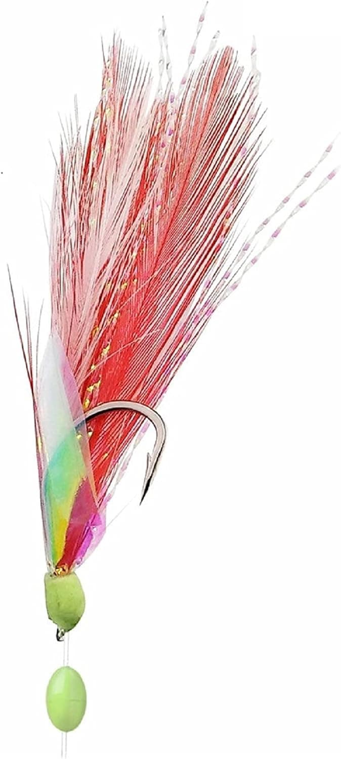 OCEAN CAT 10 Packs White and Red Feather Fish Skin Fishing Rigs Freshwater Saltwater Lures with Rainbow Soft Rubber Steel String Hooks Fishing Lures Baits