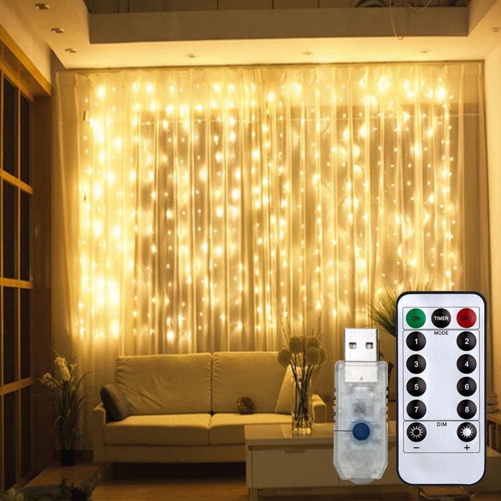 Fairy Curtain Lights 9.8ft x 9.8ft Twinkle 300 LEDs Background String Lights with 8 Modes Remote Timer for Bedroom Window Patio Wedding Party Festival Indoor Décor (Multicolor)