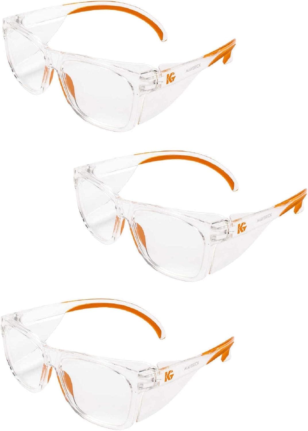 Kleenguard Maverick Safety Glasses with Intergrated Side Shields (3 Pair) (49301 Clear Anti-Fog Lens with Clear Frame and Orange Tips)