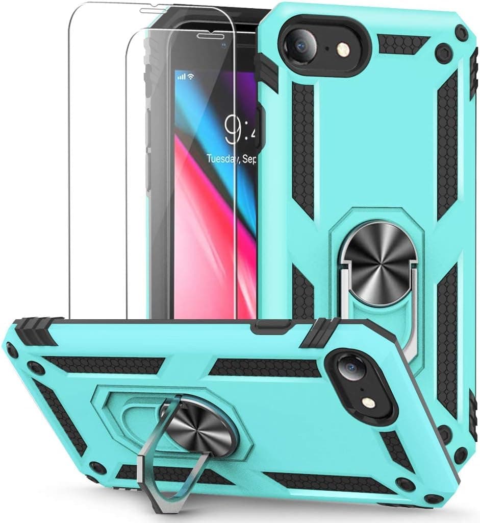Vooii iPhone SE 2020 Case, Stand Case for iPhone 8/7, [2 Pack Tempered Glass Screen Protector], Military-Grade Shockproof Phone Case with Car Mount Kickstand for iPhone 7/8/SE - Mint