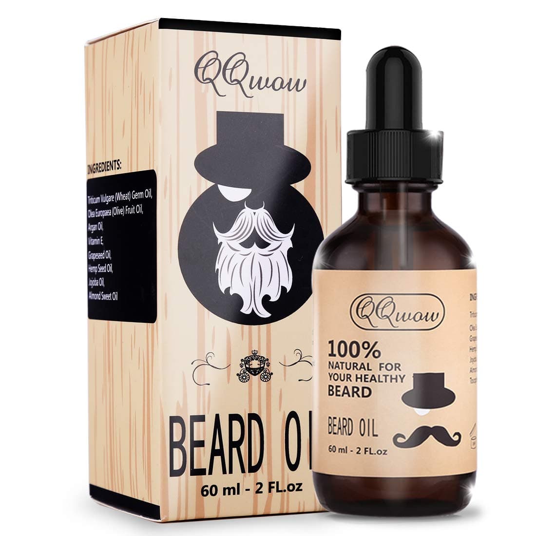 QQwow Beard Grooming & Growth Oil for Men, Leave-in Conditioner & Softener, Softens & Strengthens Mustache and Conditions Skin, Men’s Gifts - Natural Scent, 2 fl.oz