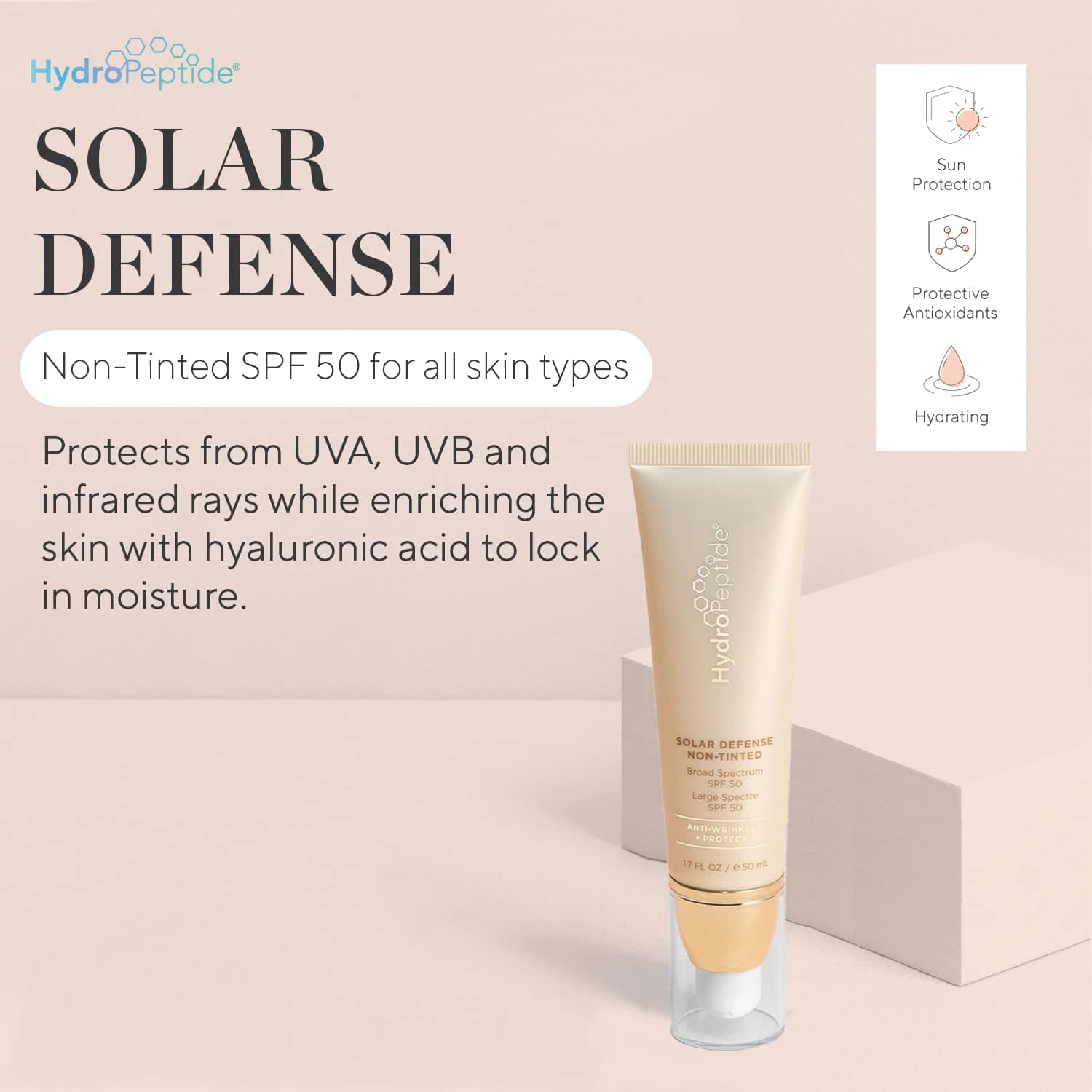 HydroPeptide Solar Defense Face Sunscreen, SPF 50 Broad Spectrum, Non-Tinted, Moisturizing and Antioxidant Rich, 1.7 Ounce