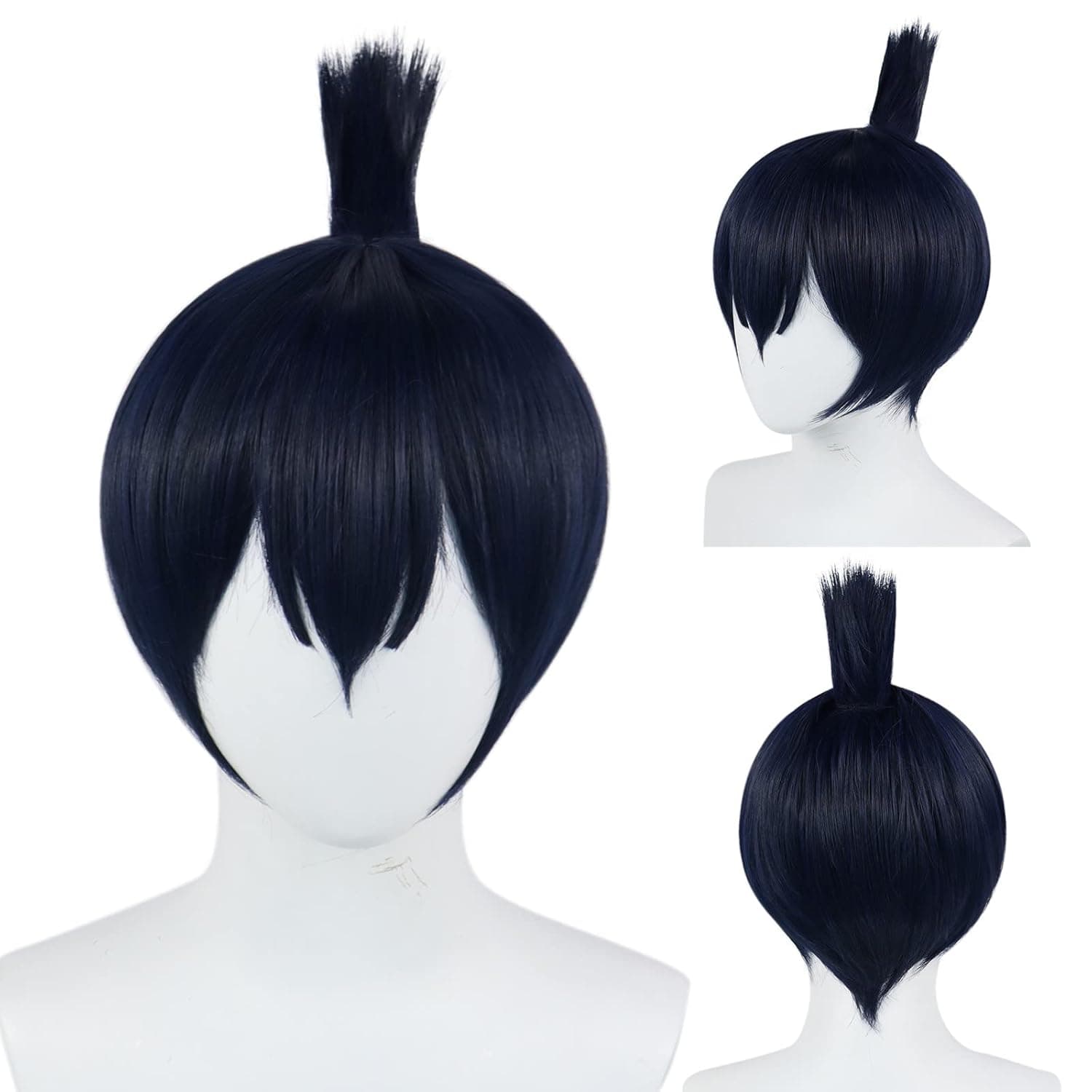JoneTing +{Wig Cap} Dark Blue Wig for Men Synthetic Short Natural Wavy Wig with Clip-in Ponytail Bangs Anime Cosplay Costume for Halloween Party