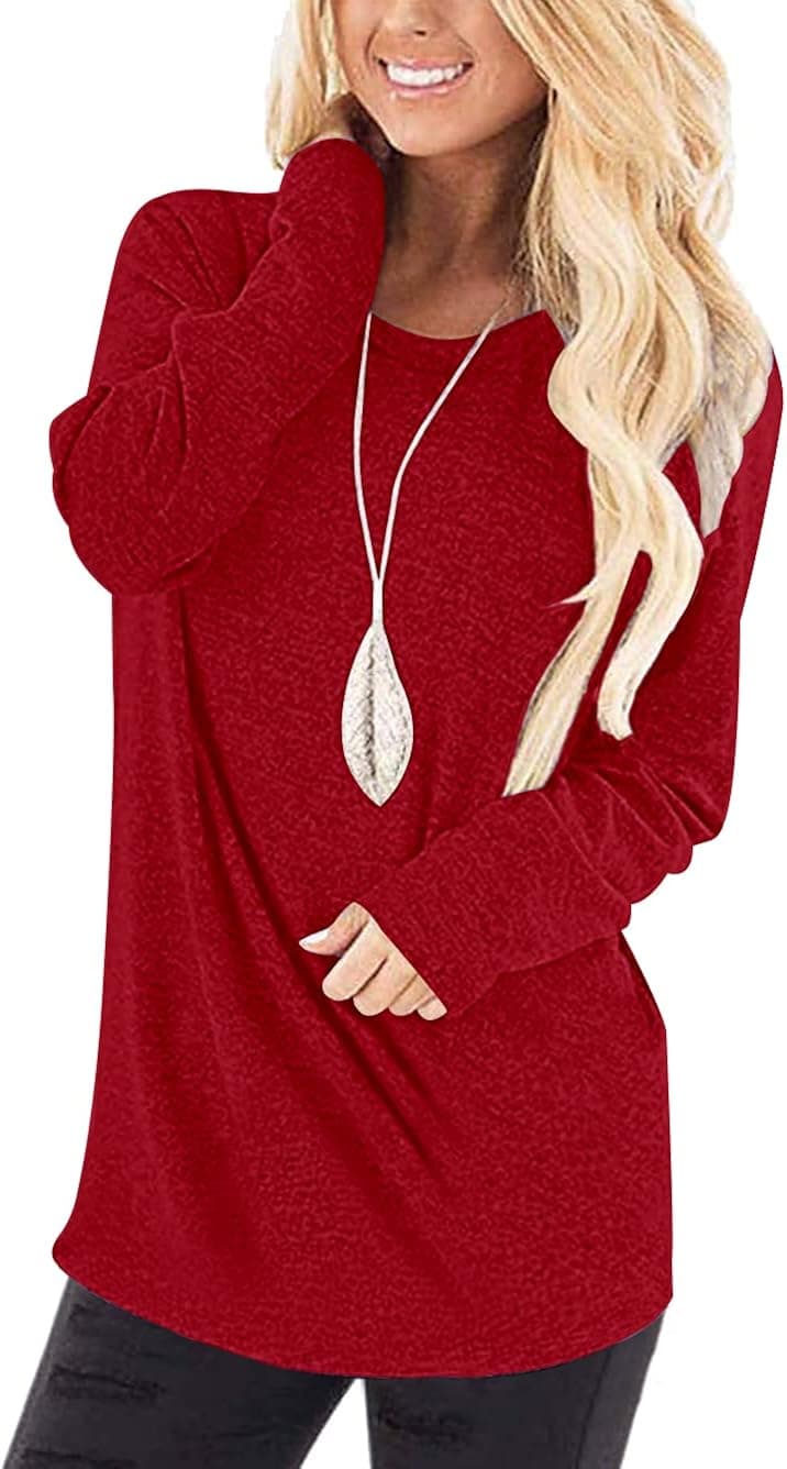 WNEEDU Women's Casual Long Sleeve Round Neck Loose Tunic T Shirt Blouse Tops