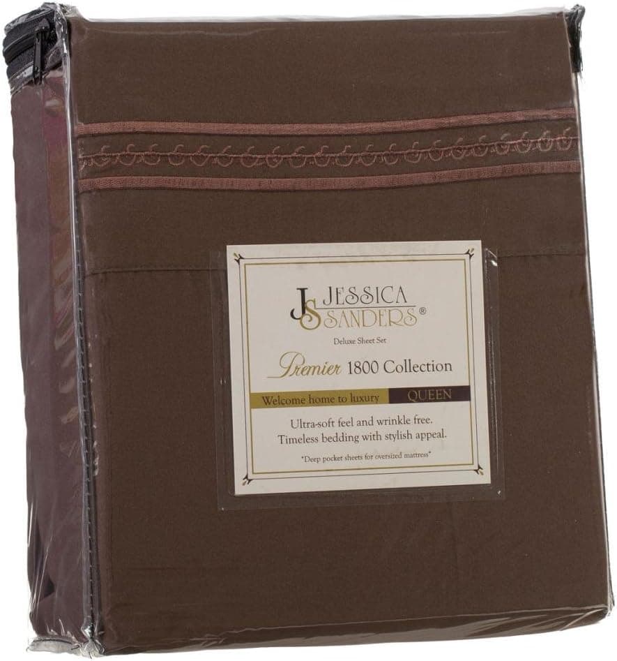 Jessica Sanders Premier 1800 Series 4pc Bed Sheet Set - Queen, Chocolate Brown, - Jessica Sanders Embroidery