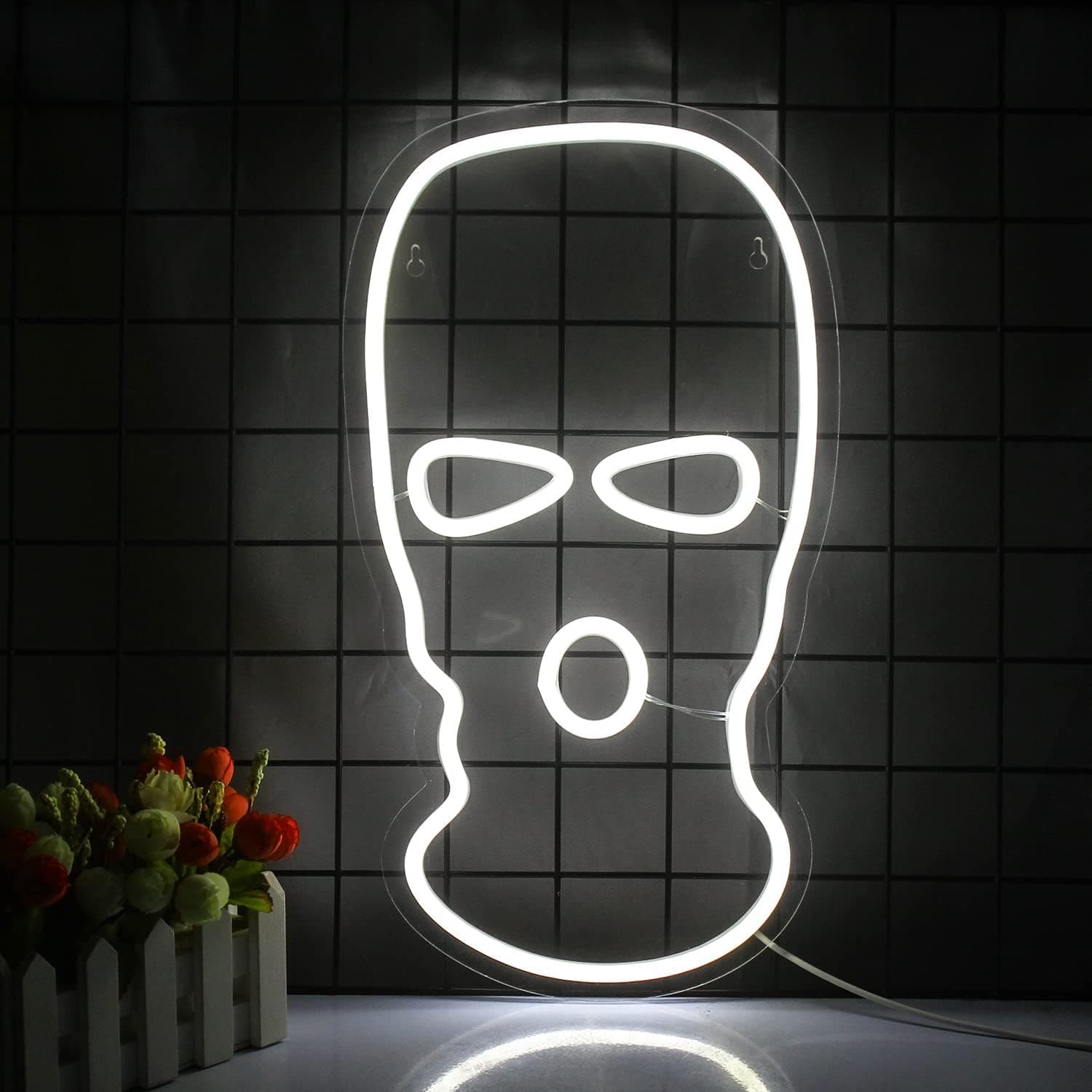 White Mask Neon Sign Face Kini LED Light Up Signs USB Powered Mask Neon Signs for Wall Decor, Bedroom, Bar, Man Cave, Gameroom (15.7x8.7 inch)