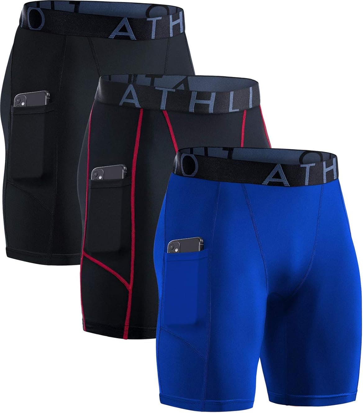 ATHLIO CLSX Men's Athletic Cool Dry Compression Shorts, Sports Performance Active Running Tights, Pocket 3pack Shorts Black/Black & Red/Blue, Large