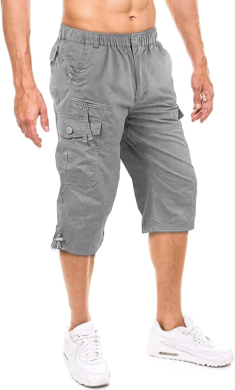 KEFITEVD Men's Cotton 3/4 Capri Shorts Casual Military Elastic Cargo Shorts with Multi Pockets