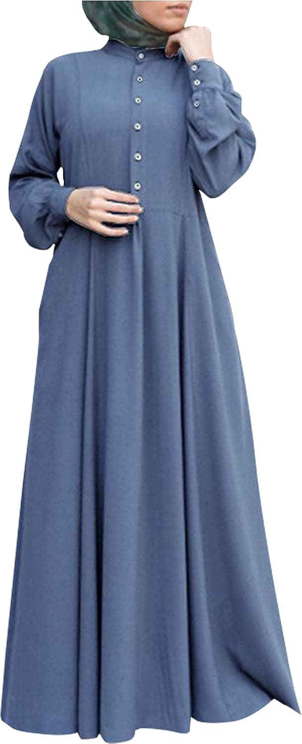 Abetteric Women's Kaftan Abayas Muslim Dress Long Sleeve Islamic Robe Button Up Maxi Dress Blue XL