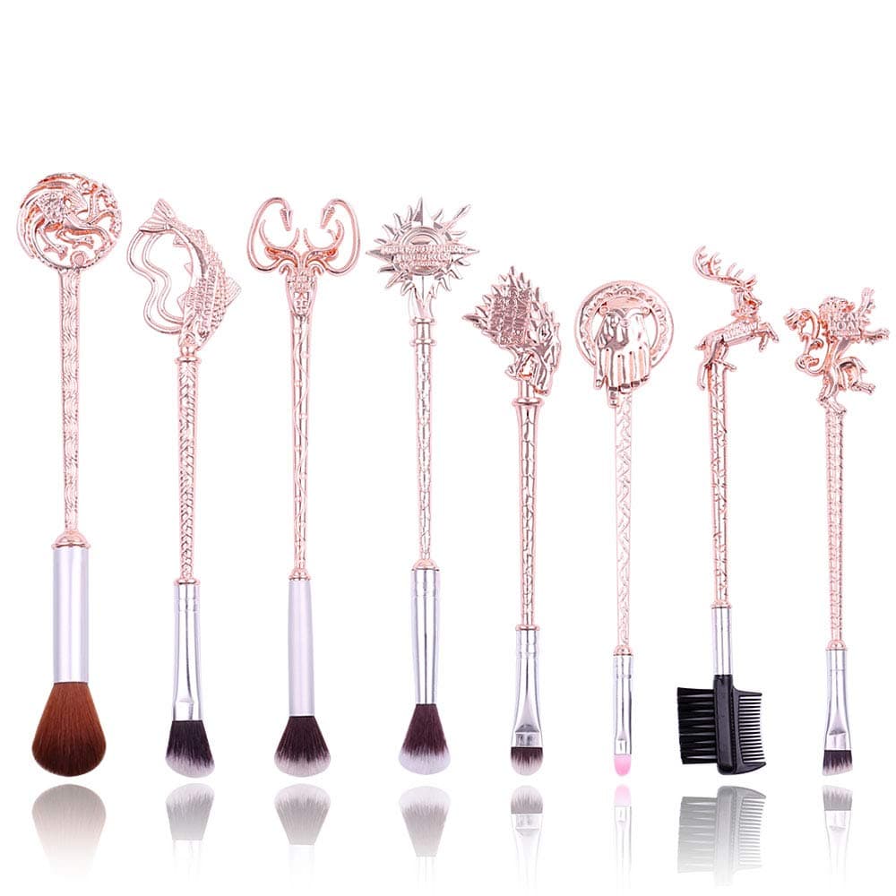 Thrones Eye Makeup Brushes - 8pcs Wand Makeup Brushes with Soft Synthetic Fiber and Metallic Handle for Eyebrow Eyeshadow Foundation Blending and Lips, Game Gift for Sister Girls (Rose Gold)
