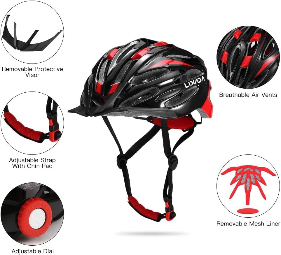 Lixada Adult Bike Helmet Adjustable Lightweight Cycling Helmet Mountain Road Bicycle Helmet 24 Vents with Detachable Visor Outdoor Sport Safety Protective Helmet(22.8-24.8in)