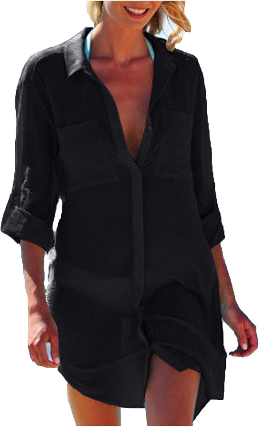 Wander Agio Beach Swimsuit for Women Sleeve Coverups Bikini Cover Up Pocket Black