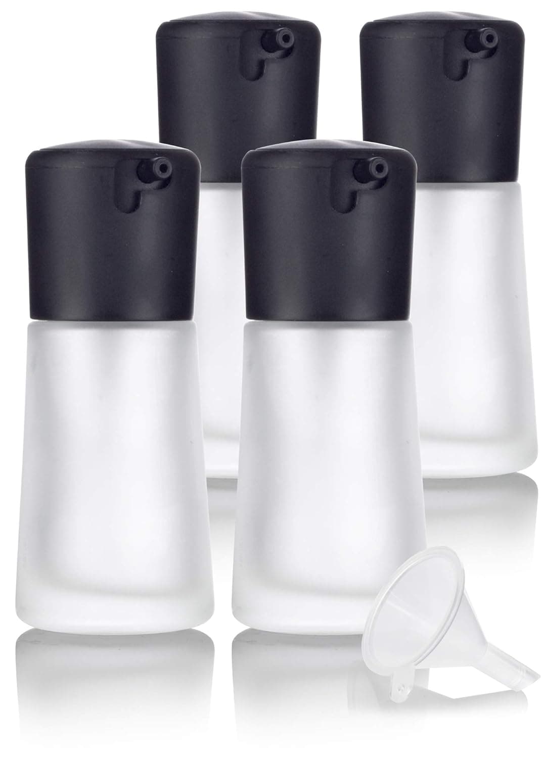 1 oz / 30 ml Frosted Glass Foundation Bottle with Lock Pump Cap - 4 PACK + Funnel for foundations, creams, lotions, serums, and more
