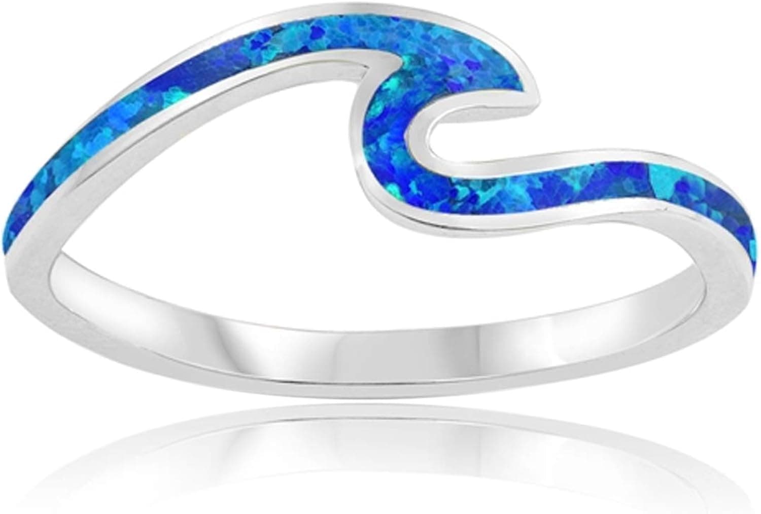 Krunan 925 Sterling Silver White Blue Opal Ocean Wave Ring for Women Teens Girls Boys Men. Dainty Cute Fun, Thumb Midi Pinky Beach Rings. Tropical Surfer Tidal Wave Wedding, Engagement Bands.