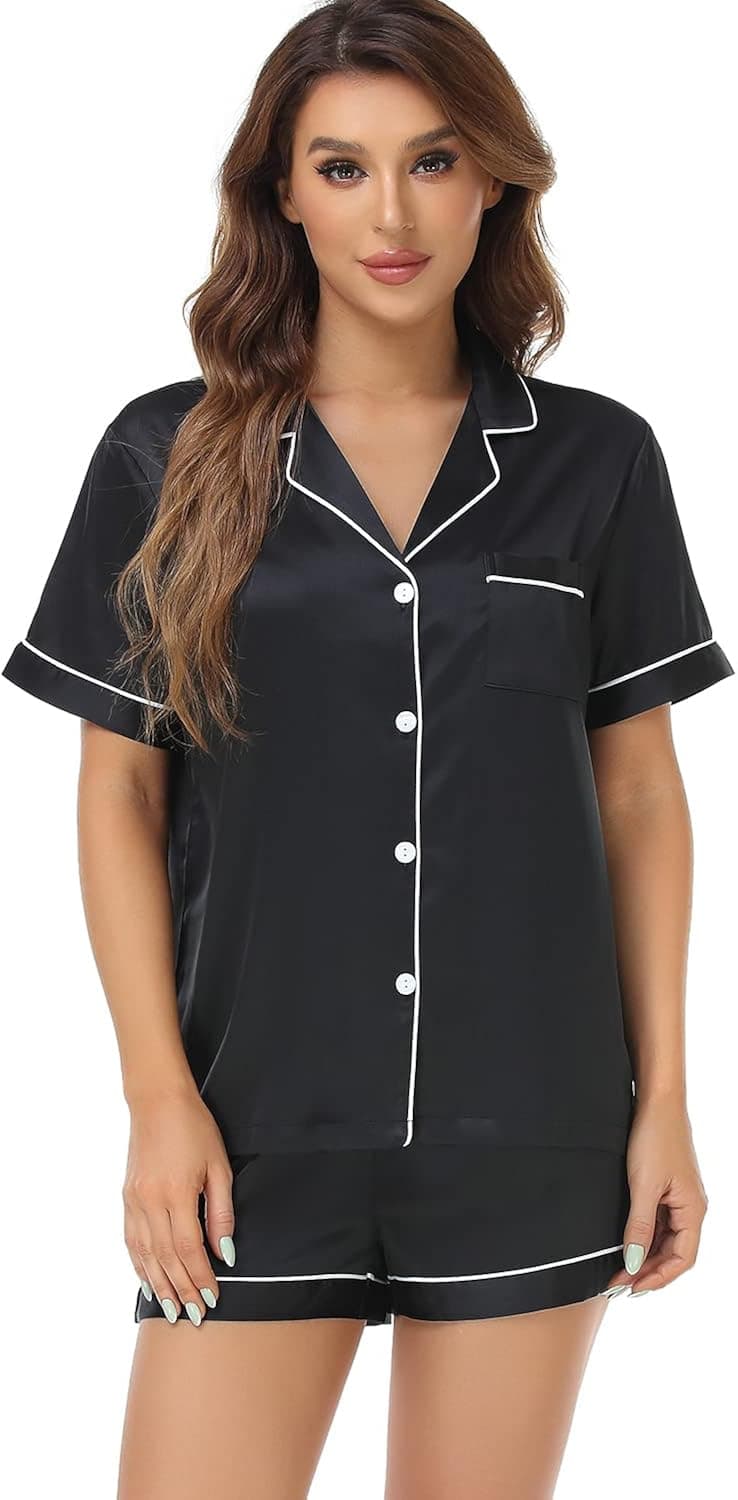 Serenedelicacy Women's Satin Pajama Set 2-Piece Sleepwear Loungewear Button Down Short Sleeve PJ Set