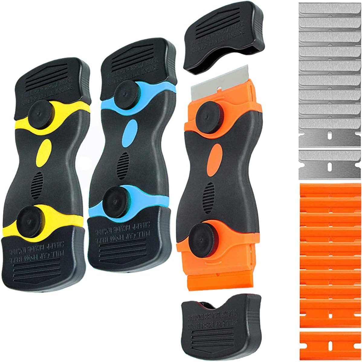 3 Pack Double Edge Razor Blade Scraper Set with 20 Pcs Replacement Scraper Blades, Multi-Purpose Scraper Cleaning Tool for Scraping Labels, Decals, Stickers, Paint from Glass, Stovetop, Subfloor